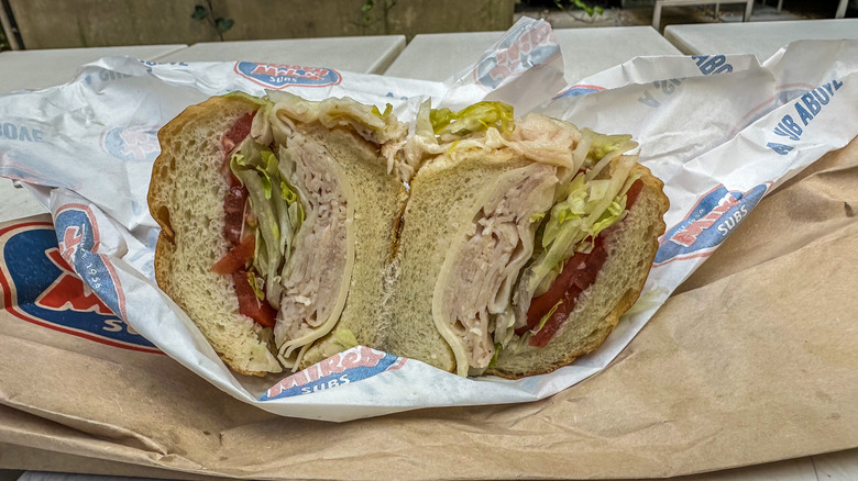 Jersey Mike's turkey and provolone sub cut open