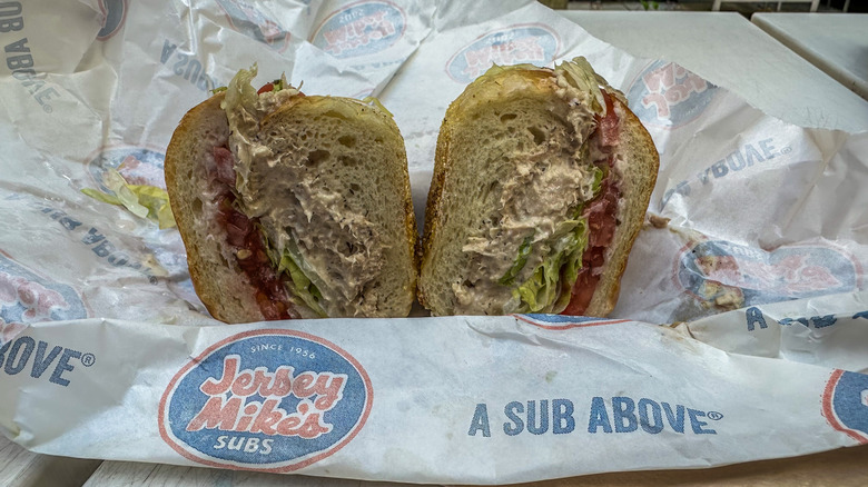 Jersey Mike's tuna fish sub cut in half