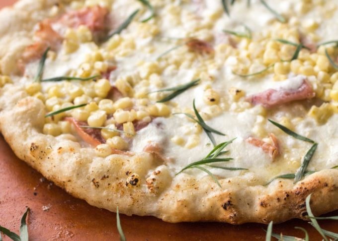 Grilled Pizza With Corn, Prosciutto, and Tarragon