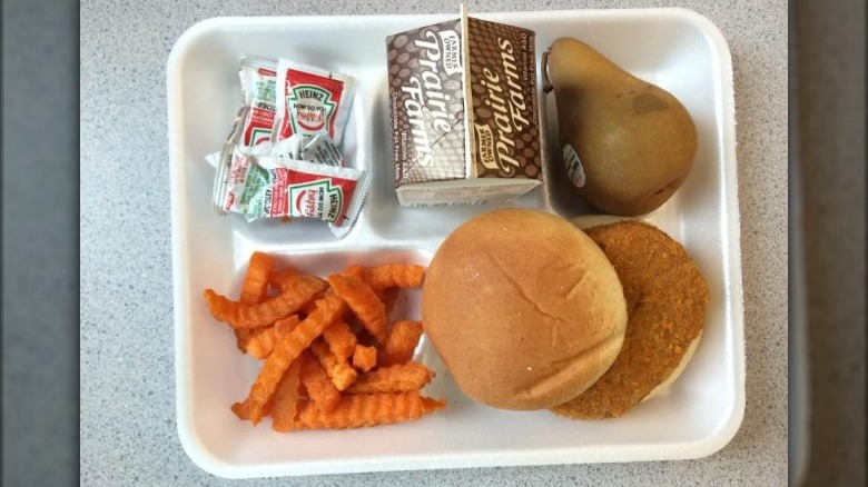 Chicken patty sandwich on tray