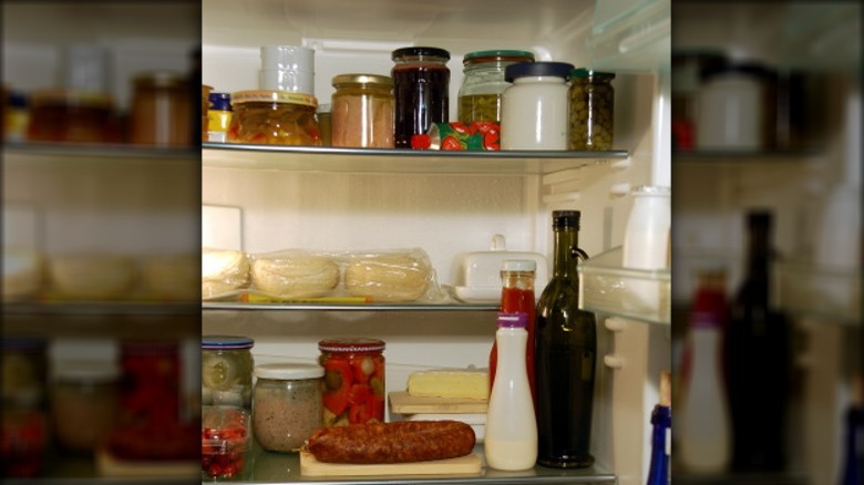 Jars and condiments in fridge