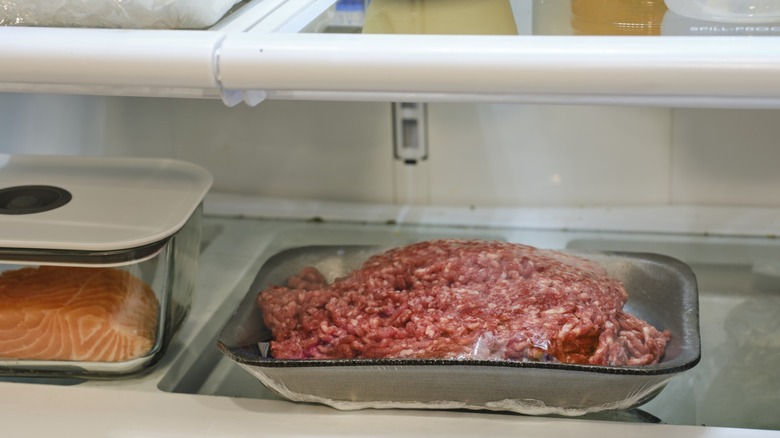 Meat on fridge bottom shelf