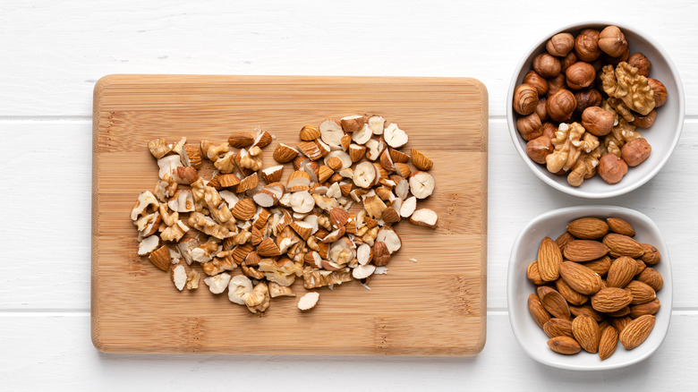 chopped nuts on cutting board