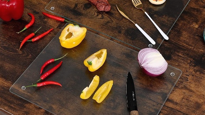 glass cutting board with objects