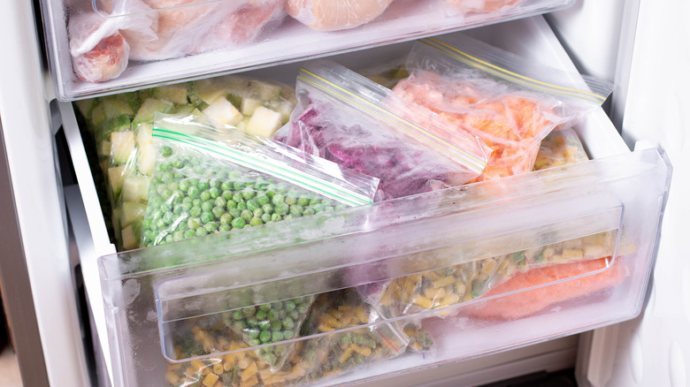 Frozen food in freezer drawer