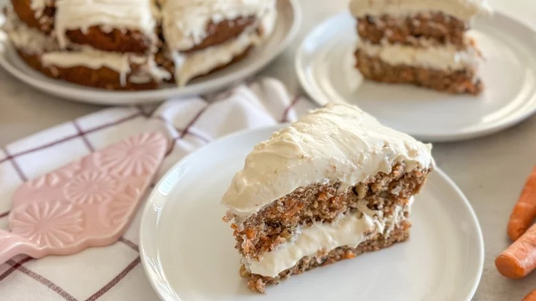 Plated slice of carrot cake