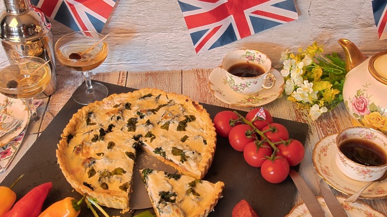 Coronation quiche, tomatoes, martinis, tea cups