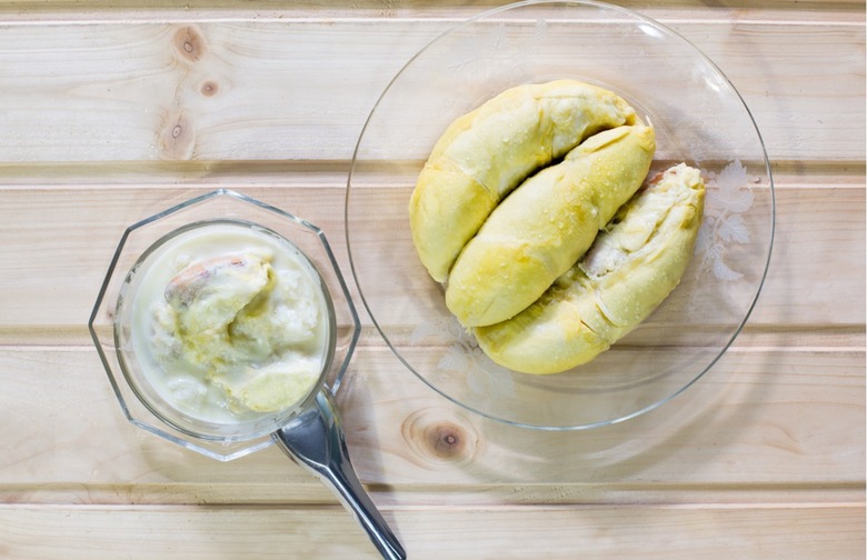 Durian over coconut milk with sticky rice