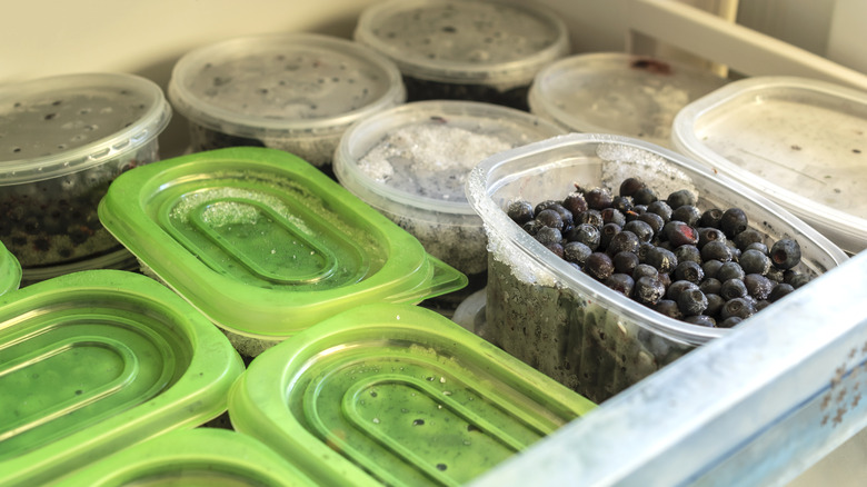 Boxes of blueberries in freezer