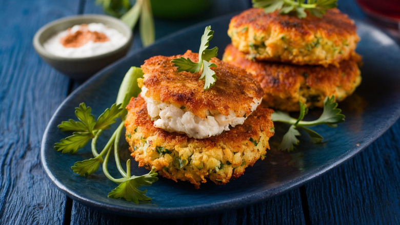 four crab cakes on blue plate with sauce