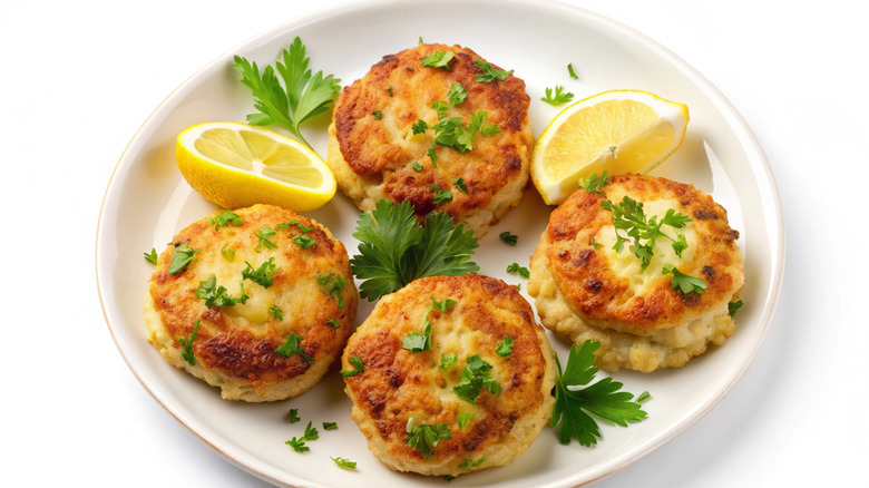 four crab cakes, lemons, and some herbs on a white plate