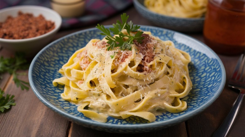 Fettuccine alfredo on blue plate