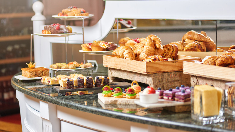 bread and pastries at breakfast buffet