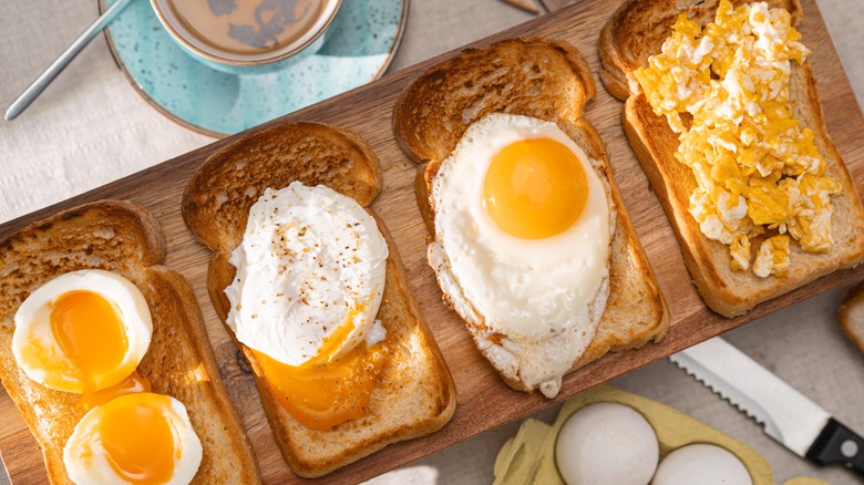 toast with different types of cooked eggs