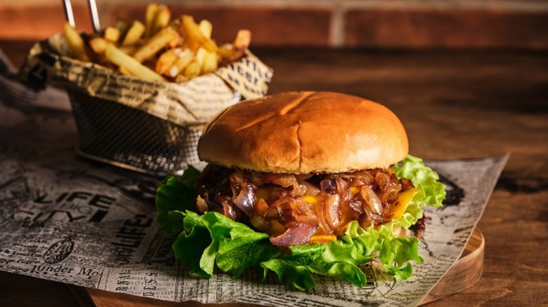 burger with basket of fries