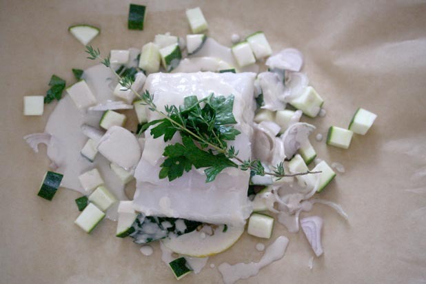 Baked Halibut with Zucchini and Tahini Sauce Recipe