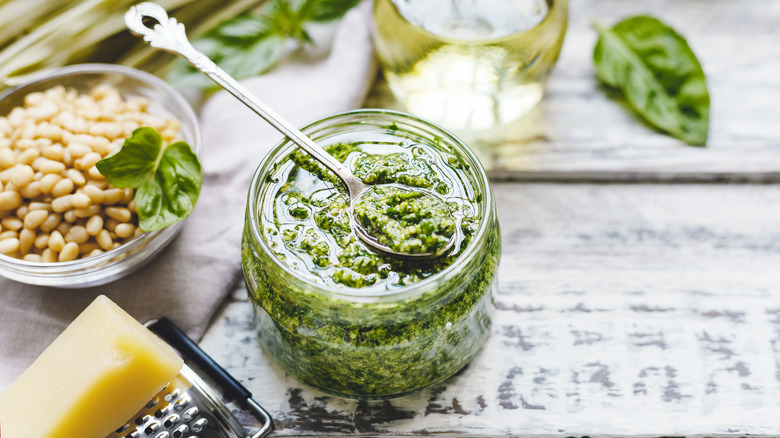 pesto in a jar with spoon