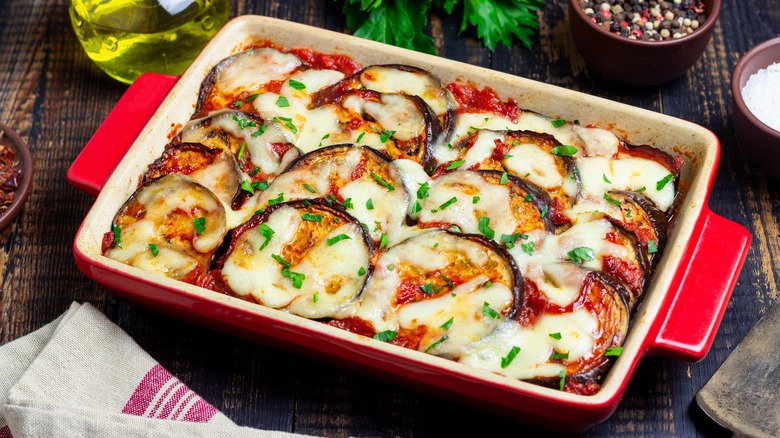 Eggplant parmesan in dish