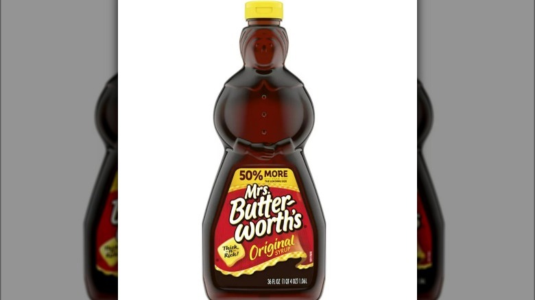 Mrs. Butterworth syrup on white background