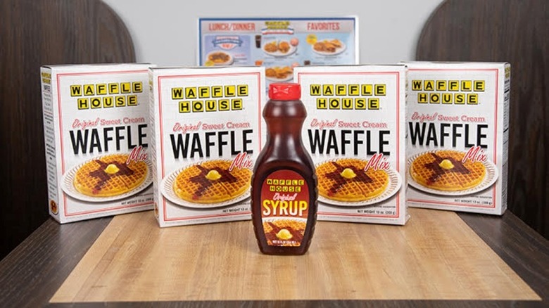 waffle house mixes with syrup on table