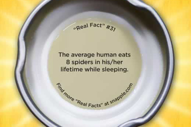 Snapple Real Fact No. 31: The Average Human Will Eat an Average of 8 Spiders in His or Her Lifetime While Sleeping.