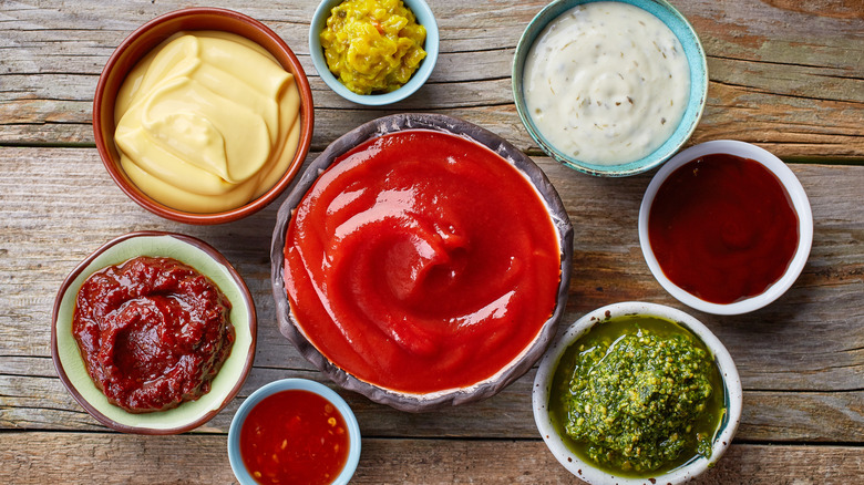 Various dipping sauces on table