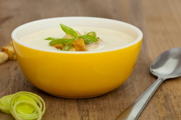 Creamy White Turnip Soup with Spring Onions and Roasted Garlic