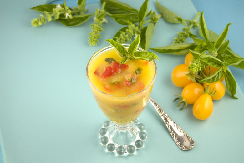 Sunshine Soup with Heirloom Tomatoes, Mixed Peppers, and Basil