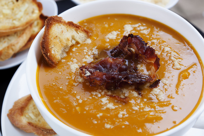 Winter Pumpkin Soup with Parmigiano Croutons and Bacon Chips