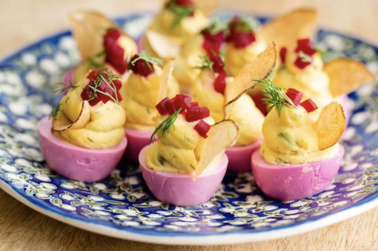 Drunken Deviled Eggs With Pickled Beets and Root Chips