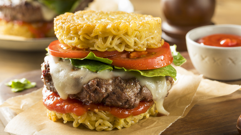 Ramen burger on table