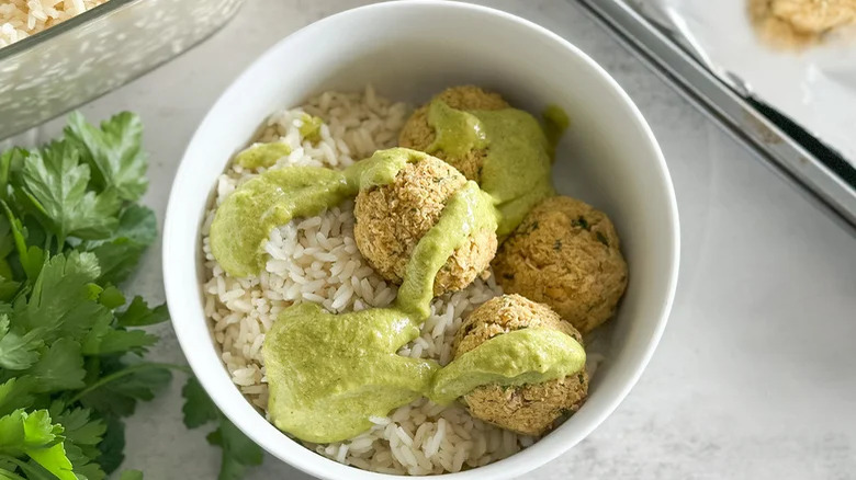 Baked falafel with rice and tzatziki