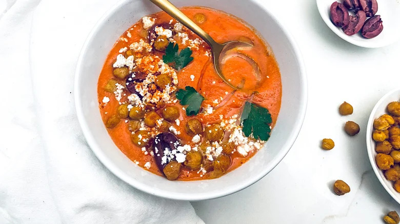 Bowl of gazpacho with crispy chickpeas