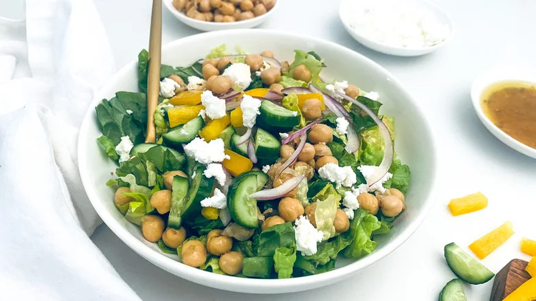 Bowl of Greek salad with spiced chickpeas