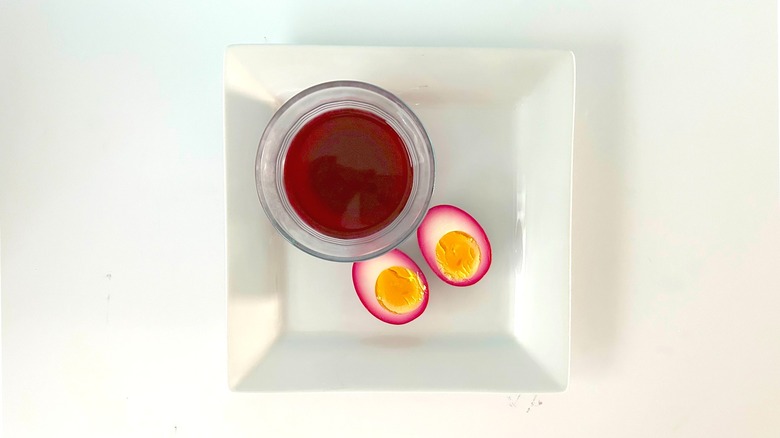 Beet juice-marinated hard-boiled egg