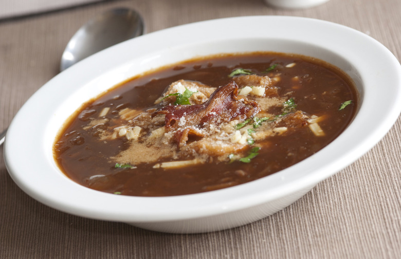 Onion Soup with Bacon, Winter Herbs, and Gruyère