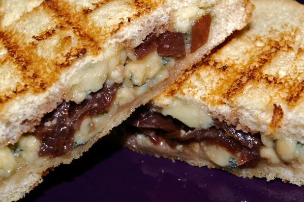 Caramelized Onion and Red Wine Jam with a Red, Wine, and Blue Grilled Cheese