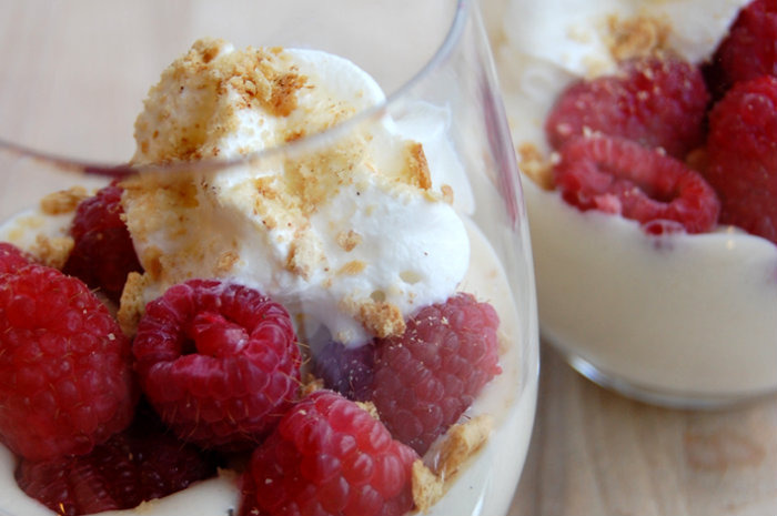 Valerie Cogwell's Power Crunch Cheesecake Custard with Raspberries, Whipped Cream and& Graham Cracker Crunch