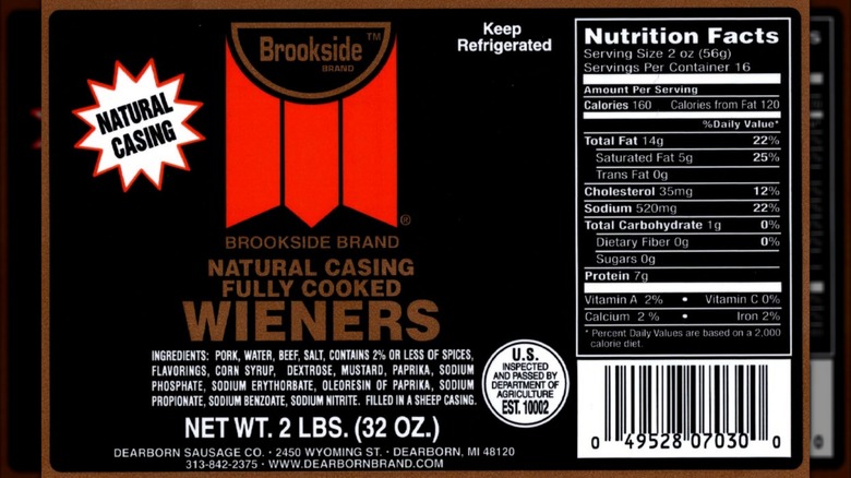 Brookside Brand Natural Casing Fully Cooked Wieners label