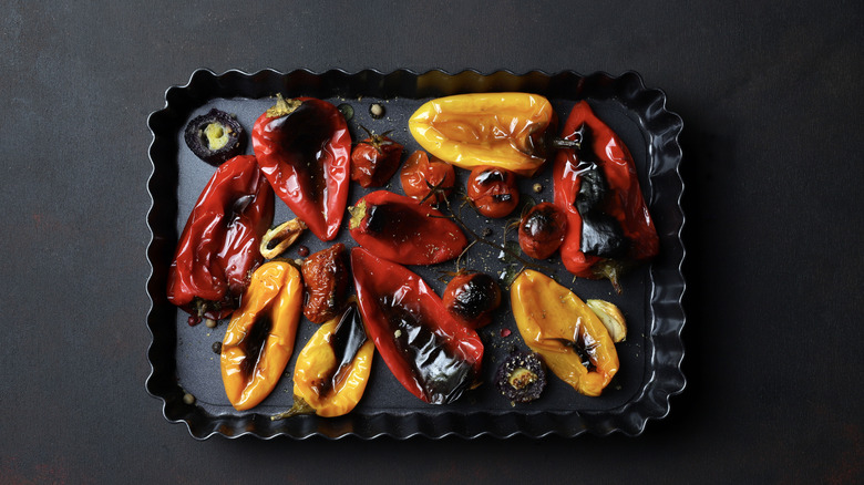 Roasted peppers in a tray 