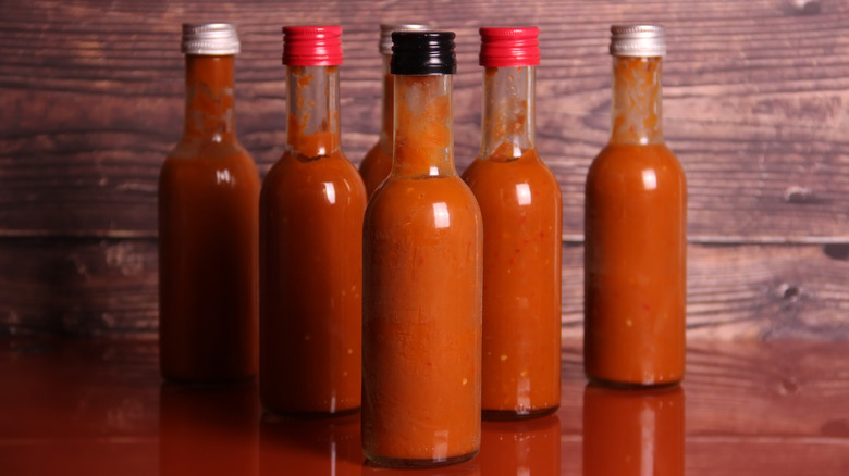 Hot sauce in various bottles 