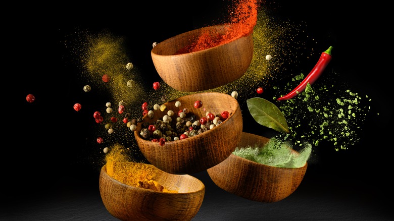 Spices falling through the air