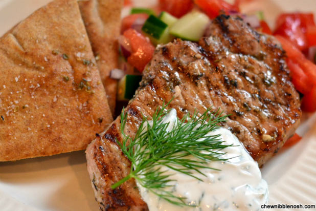 Grilled Pork Chops with Tomato Cucumber Relish and Greek Yogurt Dill Sauce Recipe