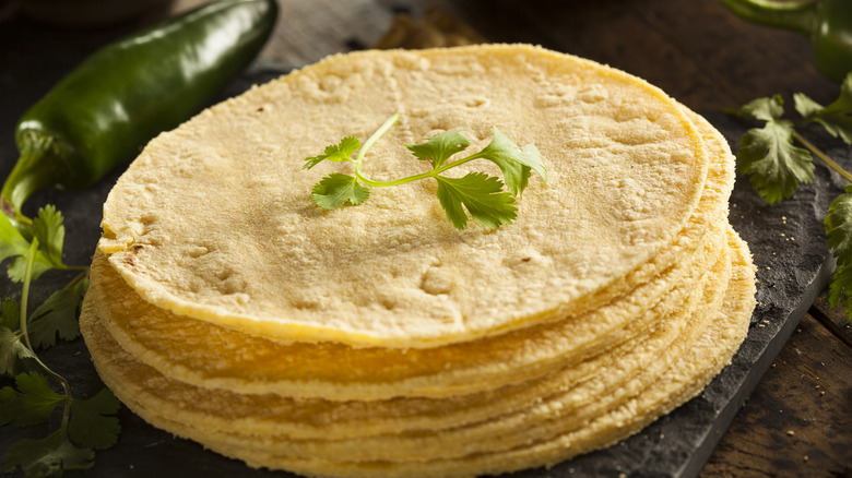 close up of pile of corn tortillas