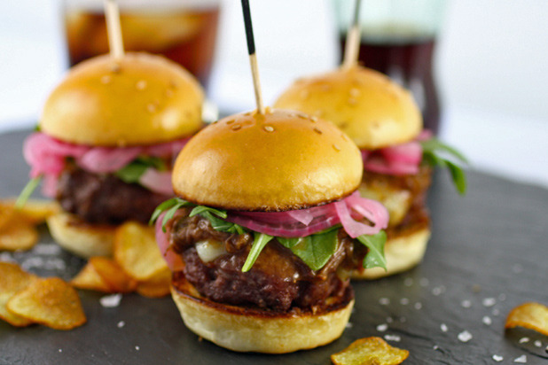 Braised Short Rib Sliders with Pickled Red Onion, Arugula, and Gruyère