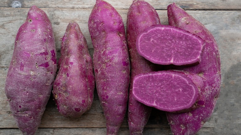 purple sweet potatoes on wood