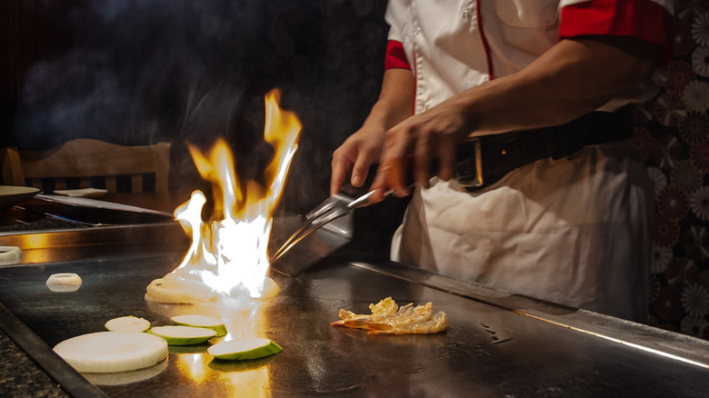 Teppanyaki onions being cooked