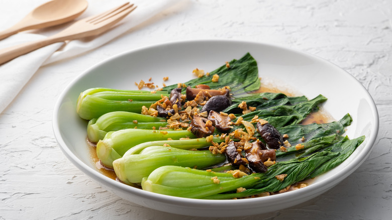 bok choy in oyster sauce with shiitake mushrooms