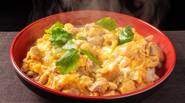 Steaming hot bowl of oyakodon