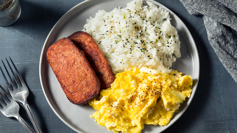 Hawaiian breakfast of spam, eggs, and rice